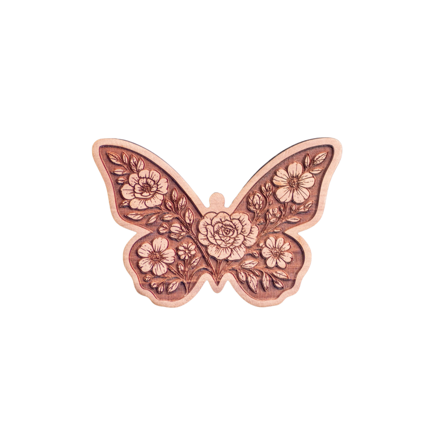 The Butterfly wooden car air freshener by FlowerWood featuring a finely engraved butterfly symbolizing transformation and freedom natural cedar wood infused with floral essential oils.