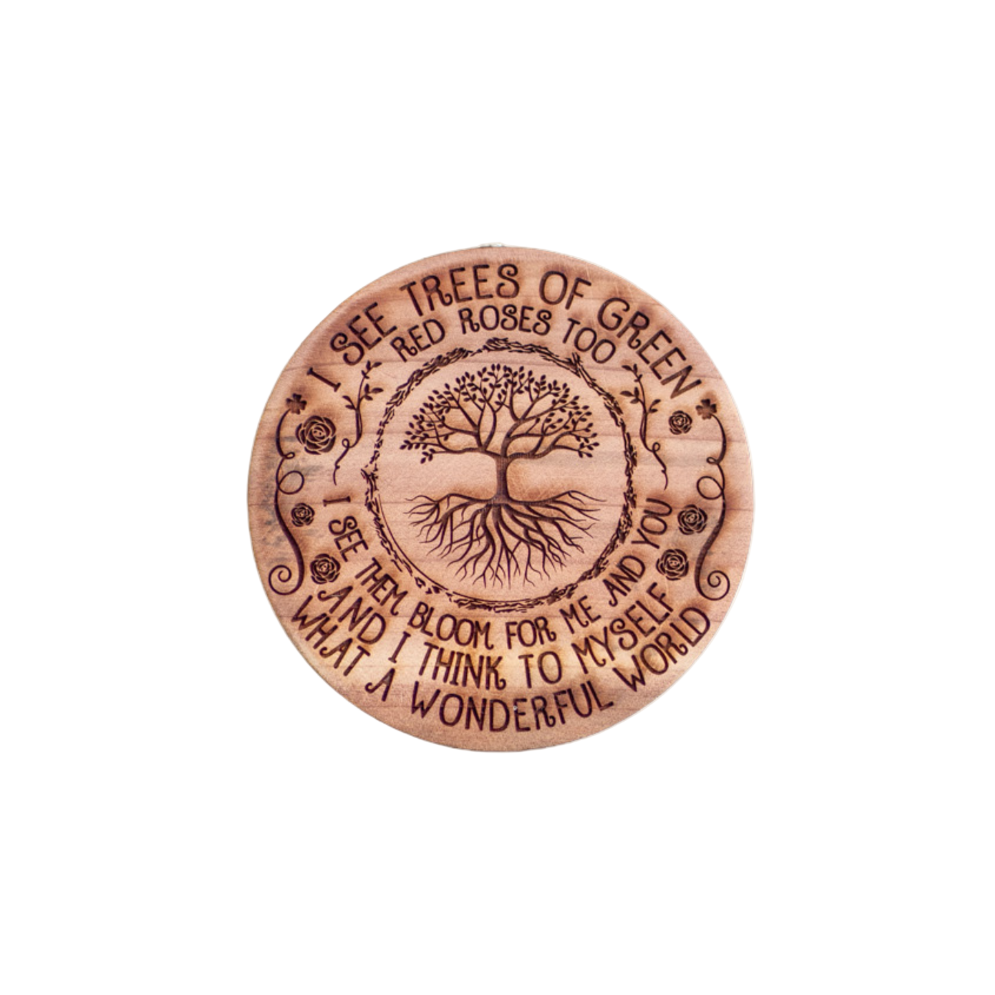 Tree of Green wooden air freshener by FlowerWood featuring an engraved Tree of Life and the lyrics ‘I see trees of green, red roses too’ from What a Wonderful World handcrafted cedar wood car freshener with natural essential oils.