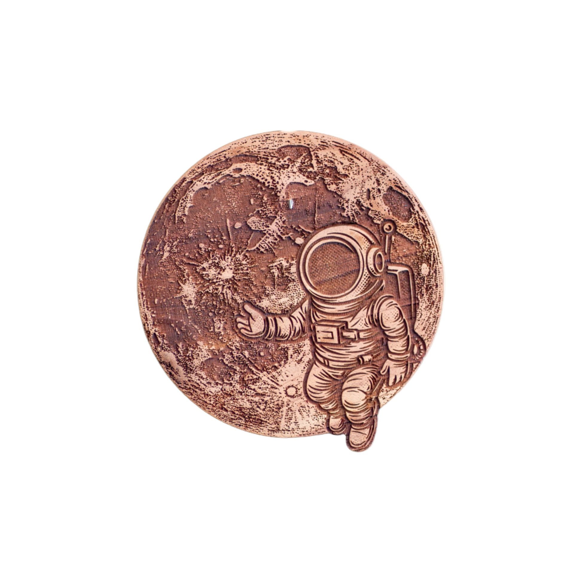 The Astronaut wooden car air freshener by FlowerWood showing an engraved astronaut design, symbolizing exploration and wonder  handcrafted cedar wood with a clean, uplifting essential-oil scent.