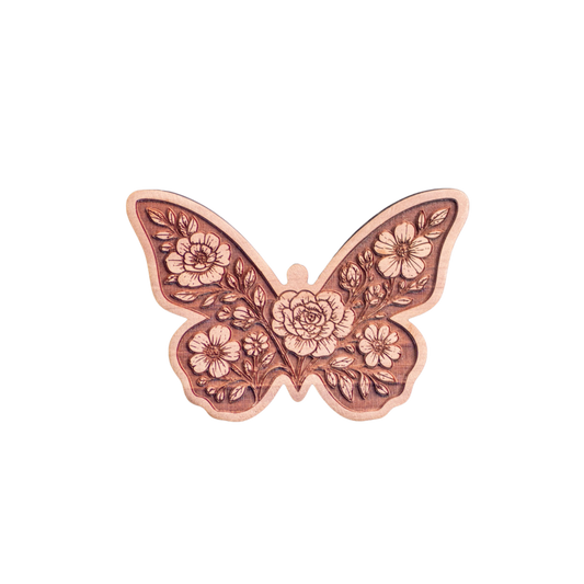 The Butterfly wooden car air freshener by FlowerWood featuring a finely engraved butterfly symbolizing transformation and freedom natural cedar wood infused with floral essential oils.