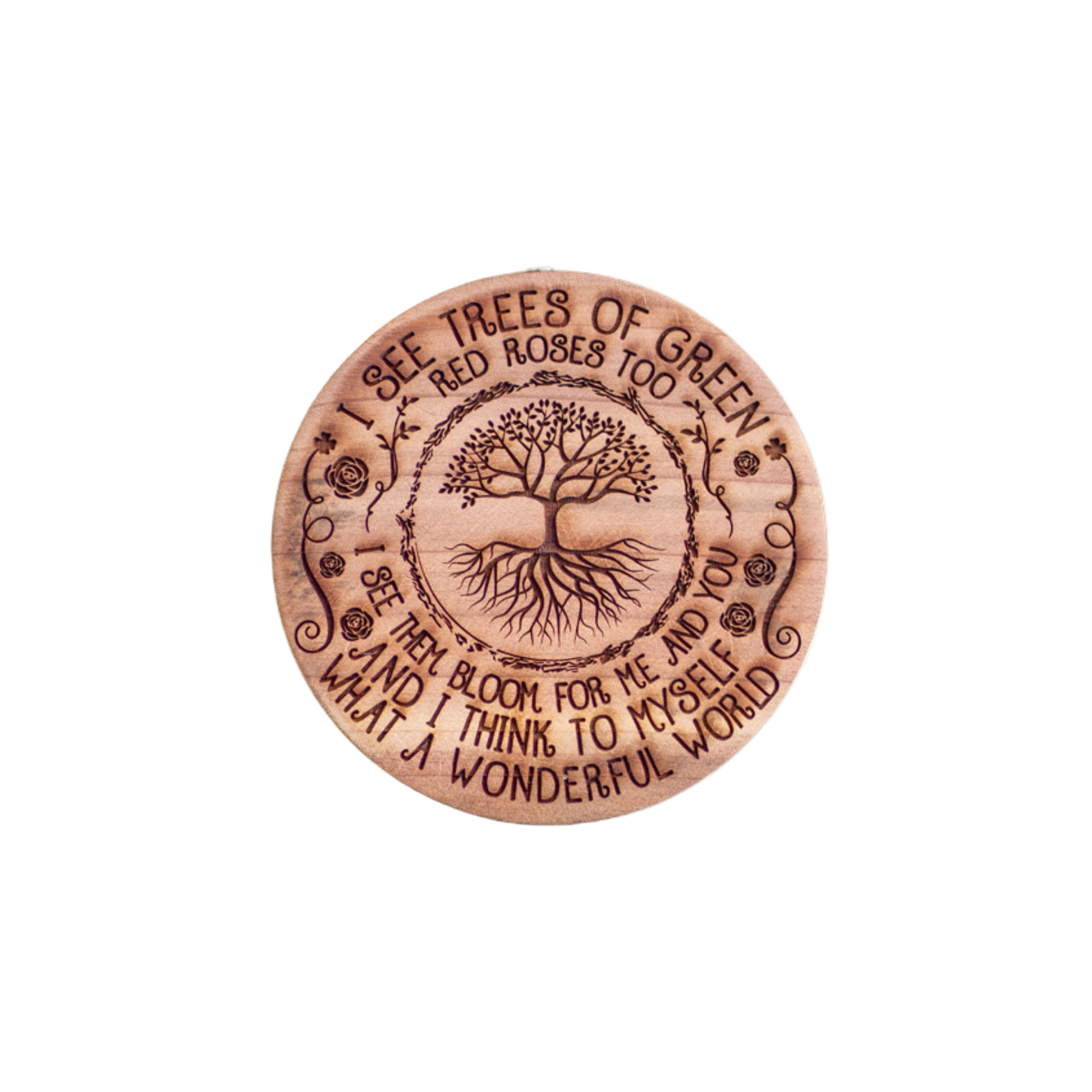 Tree of Green wooden air freshener by FlowerWood featuring an engraved Tree of Life and the lyrics ‘I see trees of green, red roses too’ from What a Wonderful World handcrafted cedar wood car freshener with natural essential oils.