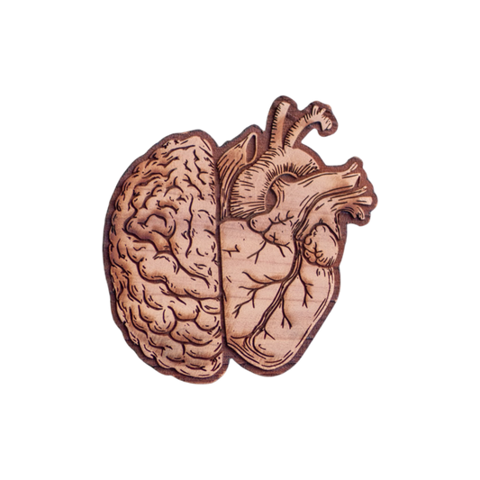 The Brain and Heart wooden car air freshener by FlowerWood featuring engraved symbols of emotion and intellect intertwined handcrafted cedar wood piece promoting balance, mindfulness, and clarity.